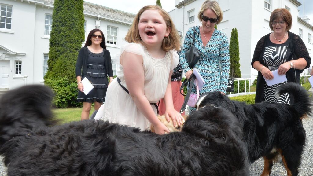 Orla Hetherington introduces her assistance dog Drew to the President’s Bernese Mountain Dogs, Shadow and Brod, with parents and representatives from Angelman Syndrome Ireland , Fiona Sutton, Ashling Kearns (Hidden) Sara Hetherington , Valerie Kavanagh and Aishling Cullen at the fourth of seven garden parties hosted by President and Sabina Higgins at Aras an Uachtaráin. Photograph: Alan Betson/The Irish Times