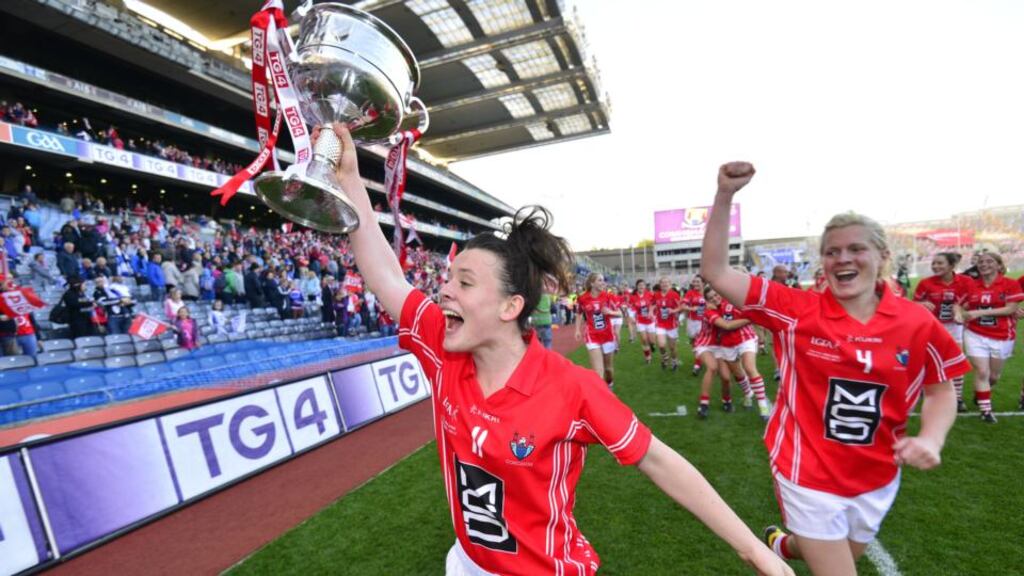 Cork’s Doireann O’Sullivan and Deirdre O’Reilly lead the celebrations after beating Monaghan in the All-Ireland Senior Ladies Football Final at Croke Park. Photograph: Alan Betson