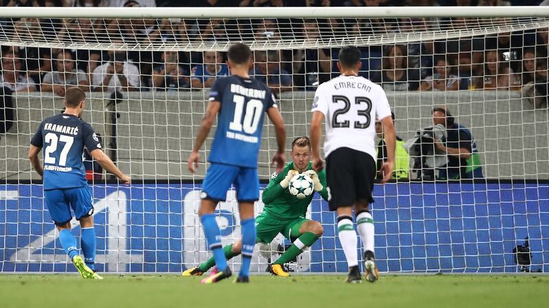 Simon Mignolet saves Andrej Kramaric’s weak penalty during Liverpool’s qualifier win over Hoffenheim. Photograph: Alex Grim/Getty
