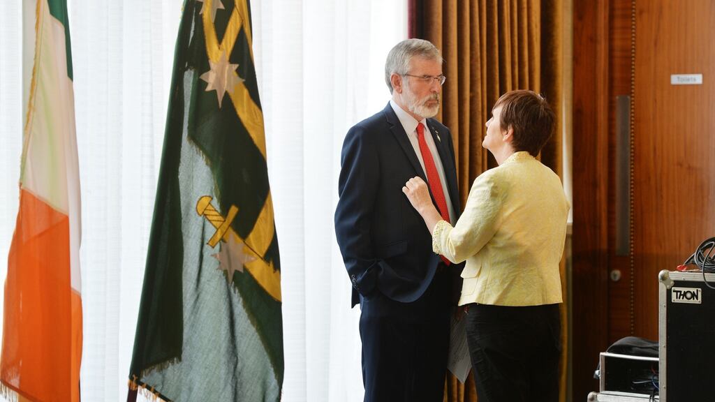 Sinn Féin leader Gerry Adams in conversation with Caitríona Ruane. His departure will be on his own terms. Alan Betson/The Irish Times