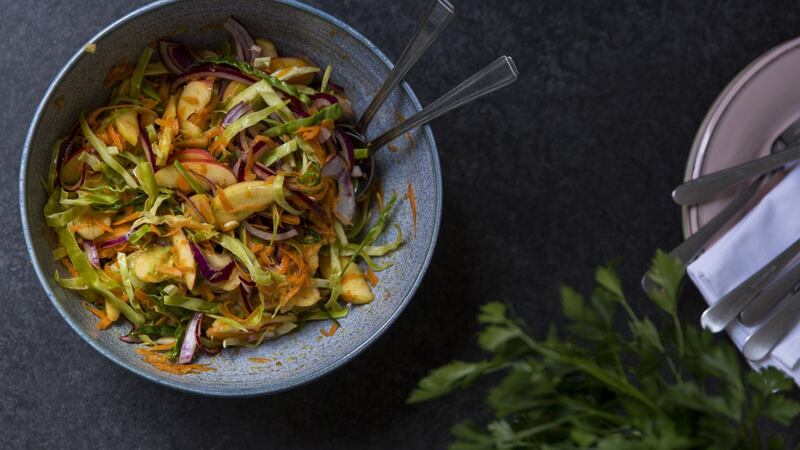 Cabbage, apple and toasted pumpkin seed salad. Photograph: Emma Jervis Photography