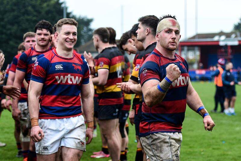Clontarf's Conor Kelly and Dylan Donnellan celebrate after their game against Lansdowne last Saturday. Photograph: Tommy Grealy/Inpho