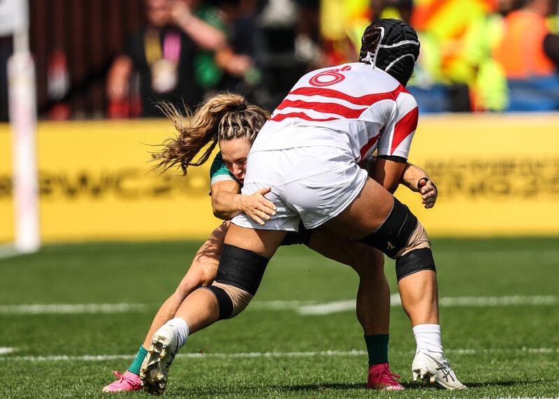 Ireland's Beibhinn Parsons tackles Japan's Masami Kawamura in their Pool C match at Franklin's Gardens, Northampton, on August 24th. Photograph: Ben Brady/Inpho