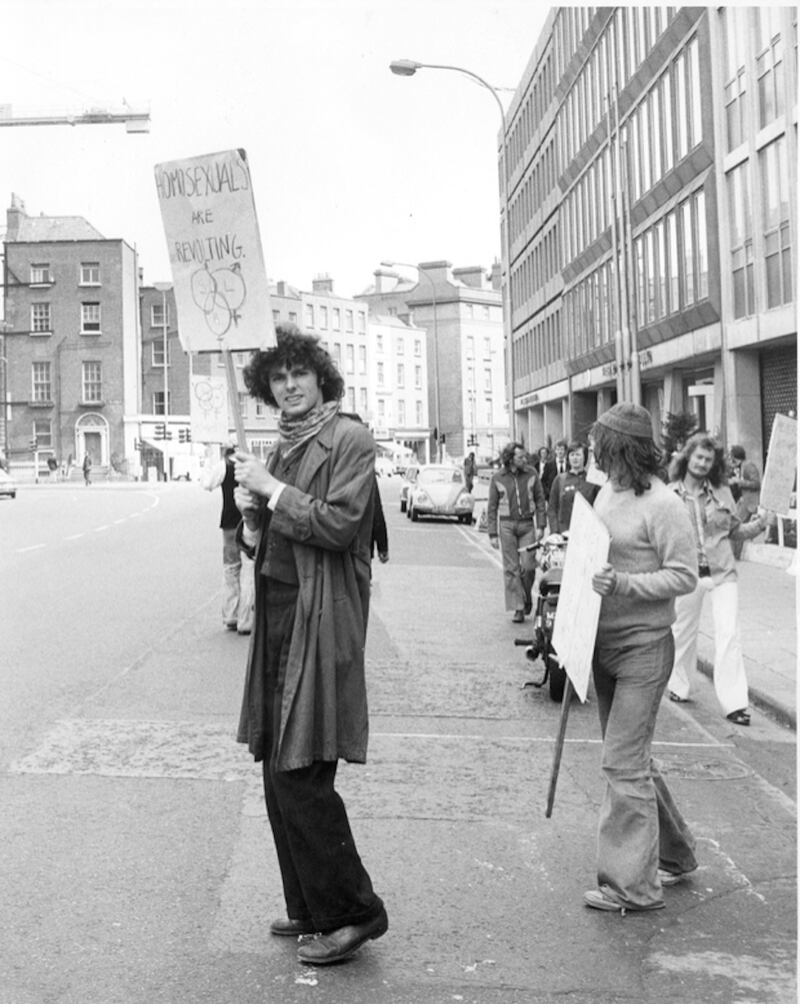 The first Dublin gay rights demonstration on June 27th, 1974. Hugo André Mac Manus is pictured holding the placard. Photograph: Gareth Miller/Irish Queer Archive