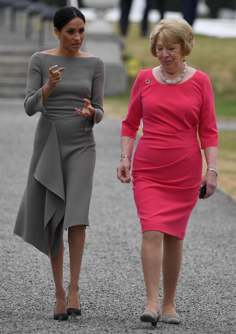 Meghan  with Sabina Coyne during her visit to Dublin  in July, 2018. Photophra:  Andrew Parsons/Pool/Getty Images