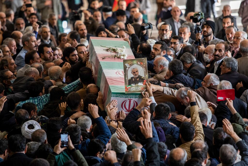 Mourners attend the funeral ceremony of Faezeh Rahimi, one of the victims of Islamic State bombing attack in Kerman, Iran, on January 5th, 2024. Iran’s history of building up proxy forces that fight its enemies around the region, as well as its conflicts with separatist and terrorist groups, have played into a spate of recent conflicts. Photograph: Arash Khamooshi/The New York Times