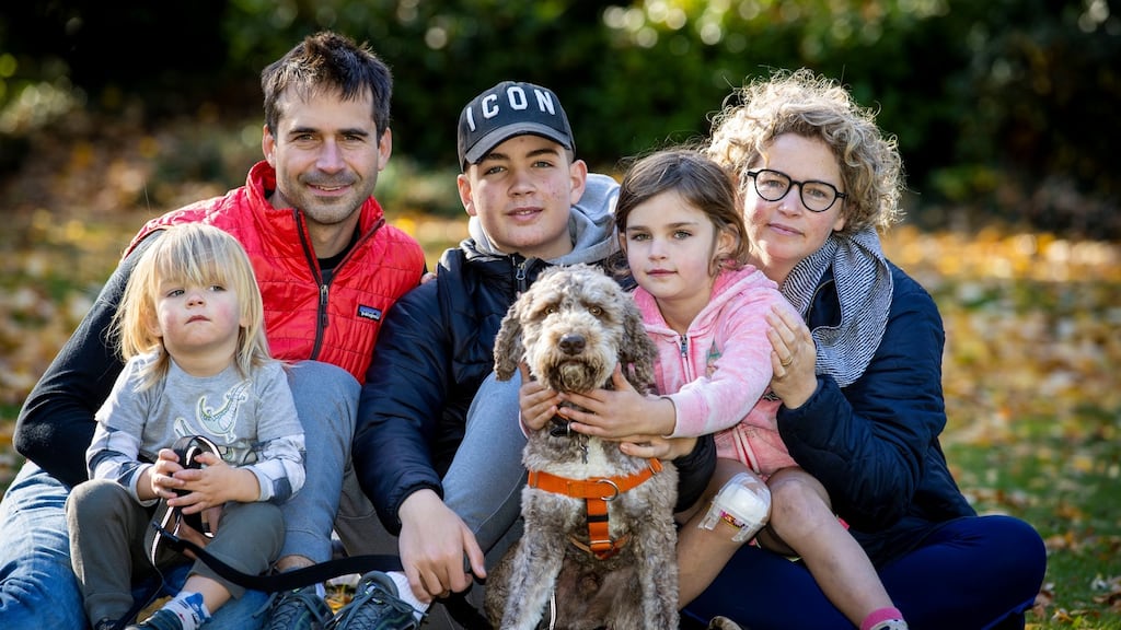 Zara Flynn and Tim Mackey with James (14), Alice (6), Sam (2) and Chewy. Photograph: Tom Honan