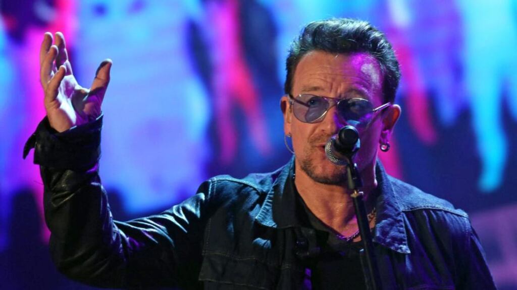 U2’s Bono performing during the TV show ‘Che Tempo che fa’ in Milan earlier this month. Photograph: EPA