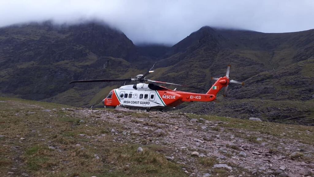 The Rescue 115 helicopter was tasked to assist a man in his 80s on Carrauntoohil, along with Kerry Mountain Rescue Team. He was airlifted to hospital in Tralee. Photograph: Facebook/Mick Long/Kerry MRT