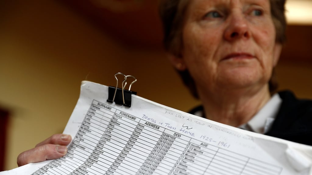Historian Catherine Corless with a list of the names of missing children from the mother and baby home run by the Bon Secours nuns in Tuam. Photograph: Peter Nicholls/Reuters