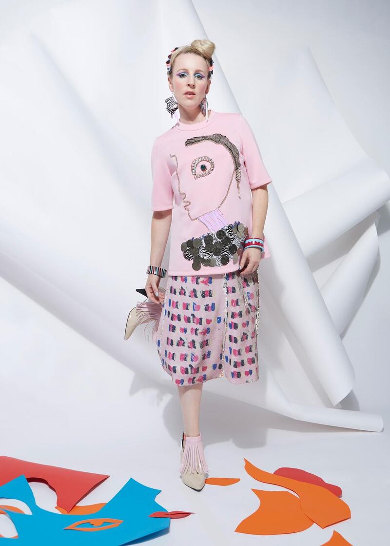Joanne Hynes for Dunnes Stores: lipstick-stroke sequin print skirt €120, Forever Muse lady T-shirt €120, graphic stripe bangle €15, curved zigzag bangle €15, bad-hair-day headband €25