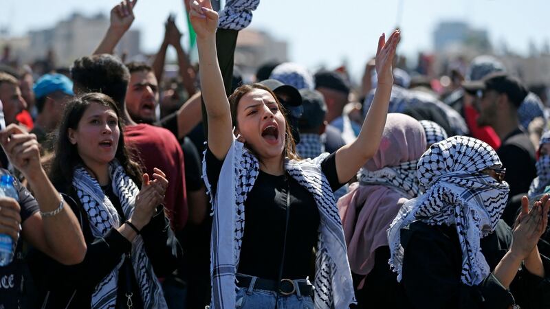 Palestinians protesting near the settlement of Beit El and Ramallah in the occupied West Bank. Photograph: Abbas Momani/AFP via Getty Images