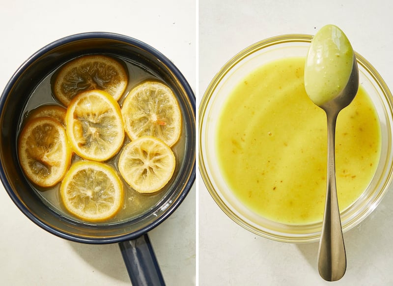 Thinly sliced lemon for the cheater’s preserved lemon paste, and the lemon sauce