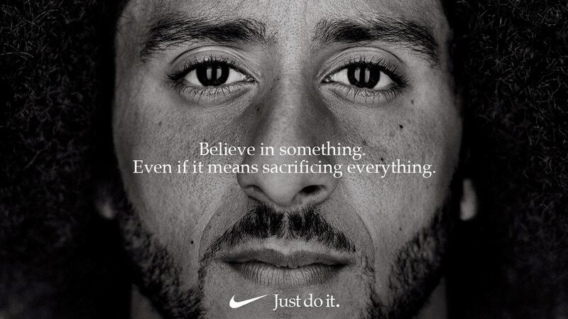 Nike is asking customers to emulate Kaepernick, to “believe in something, even if it means sacrificing everything”. Photograph: Nike/Reuters