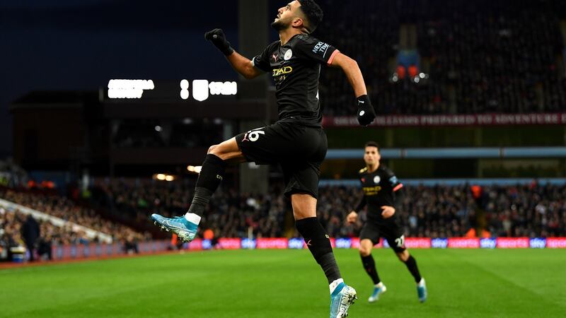 Riyad Mahrez opened the scoring for Manchester City in their rout of Aston Villa. Photograph: Justin Setterfield/Getty