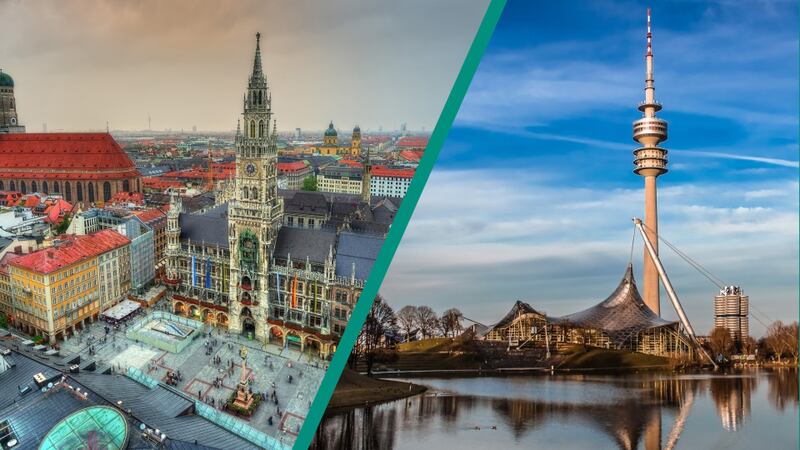 New and old Munich architecture: The Marienplatz square in the city centre and the Olympic Tower