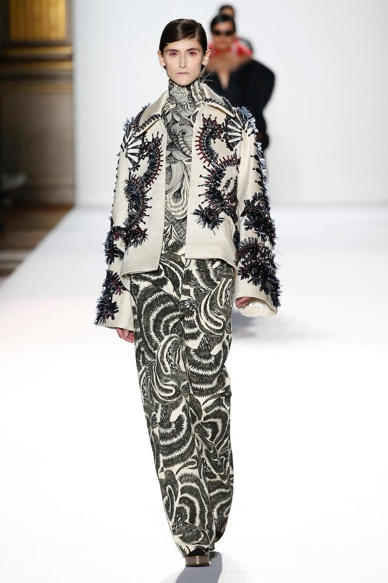 A model walks the runway during the Dries Van Noten show as part of the Paris Fashion Week Womenswear Fall/Winter 2018/2019 on February 28, 2018 in Paris, France.