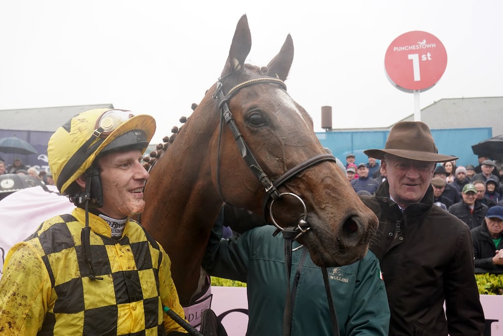 State Man with Paul Townend and trainer Willie Mullins after winning the Boodles Champion Hurdle during day four of the Punchestown Festival. Photograph: Brian Lawless/PA