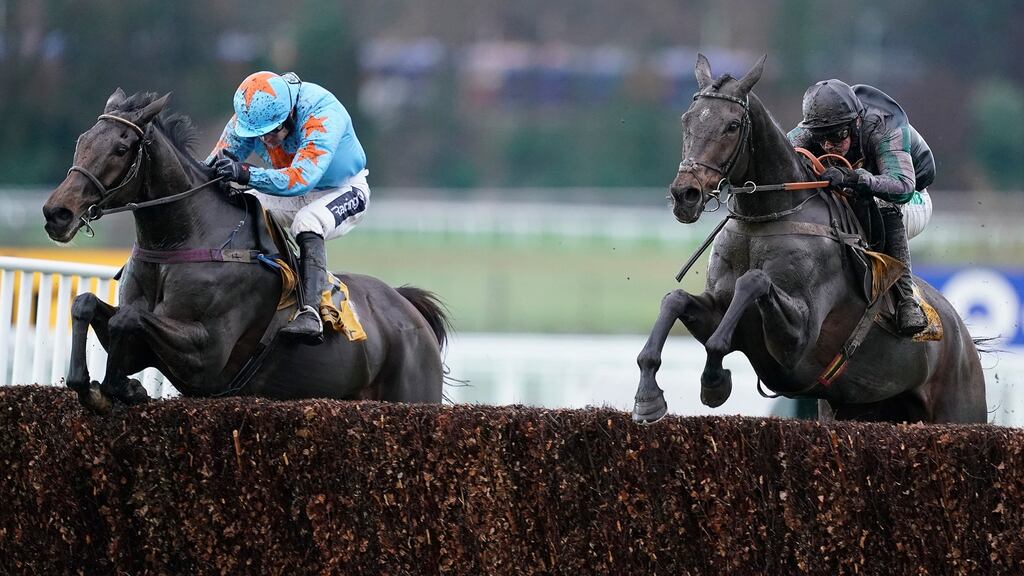 Nico de Boinville riding Altior (R) clears the last to win The Betfair Tingle Creek Chase from Un De Sceaux (L) at Sandown Park. Photo: Alan Crowhurst/Getty Images