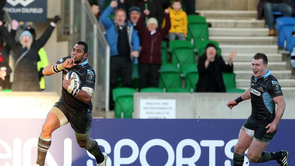 Glasgow’s Taqele Naiyaravoro celebrates on his way to scoring their third try of the game Photograph: Ryan Byrne/Inpho