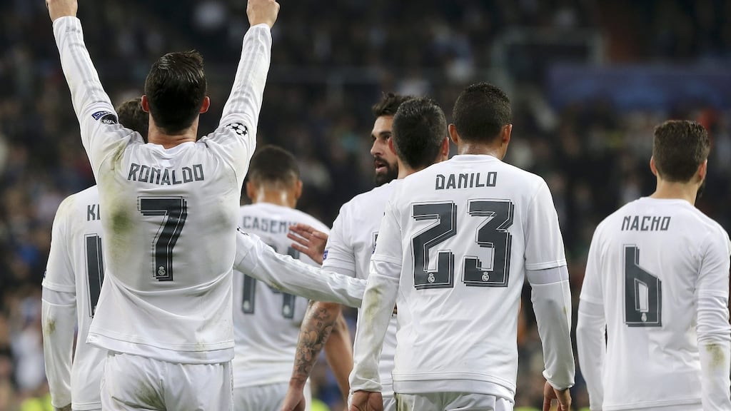 Cristiano Ronaldo celebrates one of his goals against Malmoe FF at the Santiago Bernabeu. Photograph: EPA