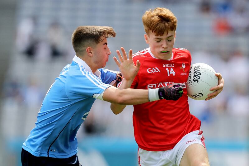 Louth’s Ciarán Keenan in action against Dublin’s Darren Maher during the 2017 Leinster MFC Final at Croke Park. Photograph: Oisín Keniry/Inpho