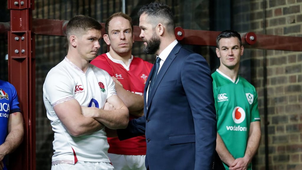 Ireland head coach Andy Farrell talks with his son and England captain Owen at the launch of the Six Nations. Photograph: Laszlo Geczo/Inpho