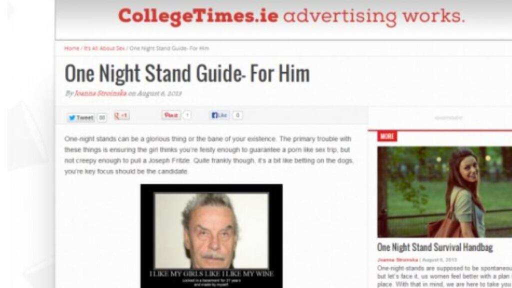 A screengrab from the collegetimes.ie website of the article ’One night stand guide - for him’. The article has since been removed.