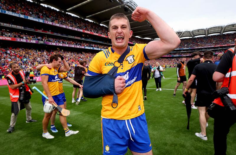 Conor Cleary celebrates Clare’s victory over Cork in the All-Ireland SHC final at Croke Park. Photograph: Ryan Byrne/Inpho