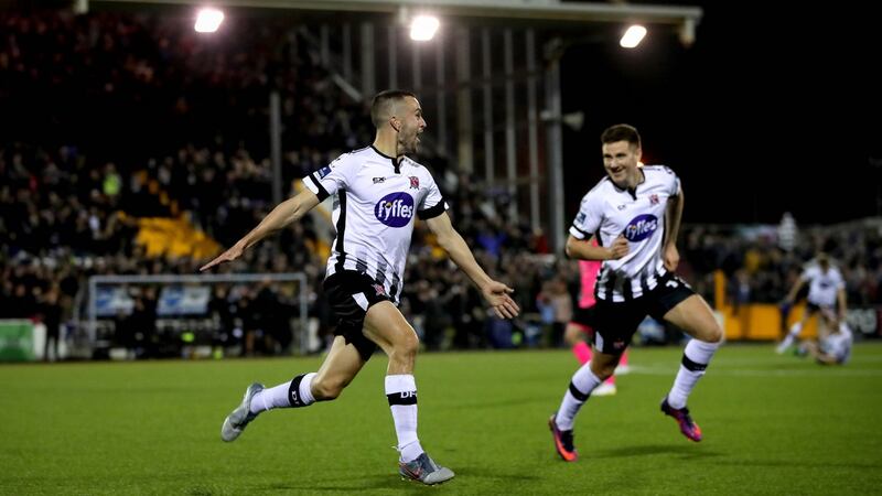 Dundalk’s Michael Duffy celebrates scoring his side’s third goal of the game against Shamrock Rovers at Oriel Park on Monday. Photograph: Ryan Byrne/Inpho