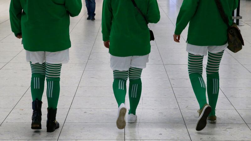 Dressed to celebrate and arriving at Dublin Airport. Photograph: Nick Bradshaw
