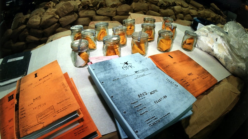 Stasi material at the headquarters of the East German state security apparatus in Normannenstrasse, Berlin. The material includes files on individuals as well as jars in which odour examples from individuals were preserved. Photograph: PF Hullstein bild via Getty Images