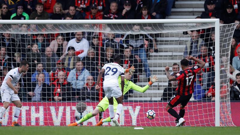Joshua King scores Bournemouth’s equaliser against Crystal Palace. Photograph: Eddie Keogh/Reuters