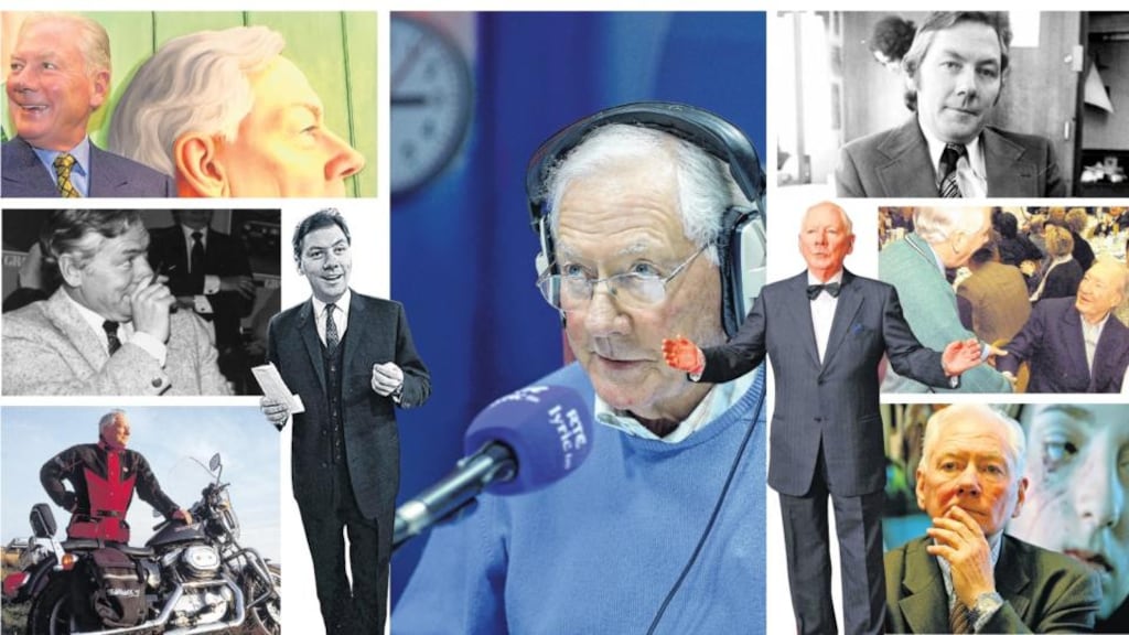 Reeling in the years: the many faces of Uncle Gaybo, including, top left, with his portrait in the National Gallery of Ireland in 2000; bottom left, the motorcycling enthusiast; inset left, on The Late Late Show in 1966; centre, presenting his Lyric FM radio show last year; middle right, shaking hands with Charles Haughey at a surprise party at RTÉ in 1998; and bottom right, as chairman of the Road Safety Authority in 2007