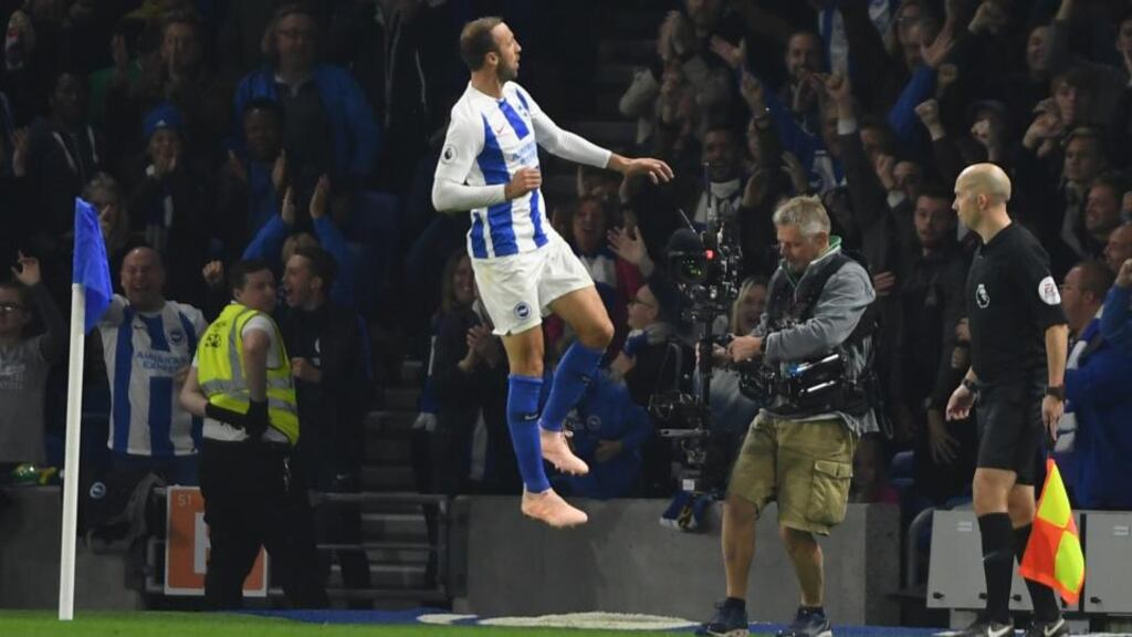 Glenn Murray celebrates his winner for Brighton against West Ham. Photograph: Mike Hewitt/Getty