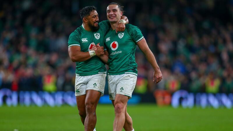 Ireland’s Bundee Aki celebrates with James Lowe at the Aviva Stadium. Photograph: Ken Sutton/Inpho