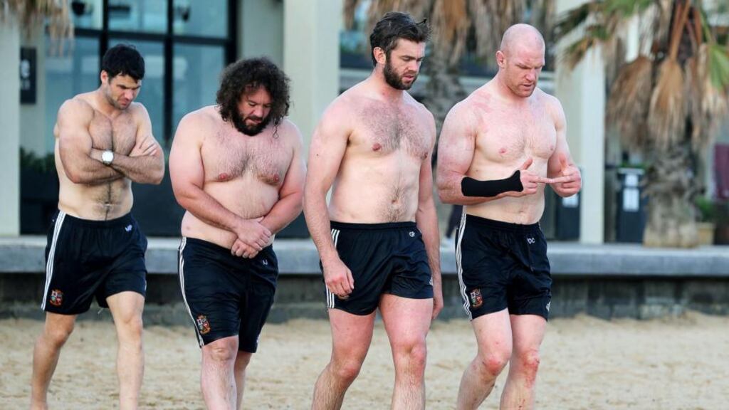 Paul O’Connell, far right, with, left to right, Mike Phillips, Adam Jones and O’Connell’s second Test replacement Geoff Parling on St Kilda’s Beach, Melbourne. Photograph: Dan Sheridan/Inpho