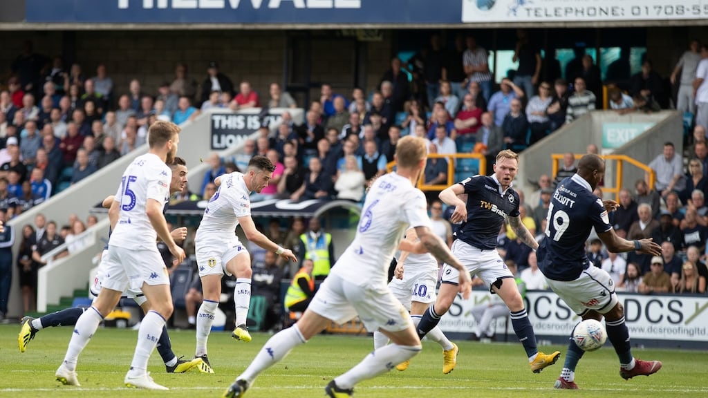 Leeds United’s Jack Harrison scores a late equaliser during the Sky Bet Championship match against Millwall at The New Den. Photograph: Ian Walton/PA Wire