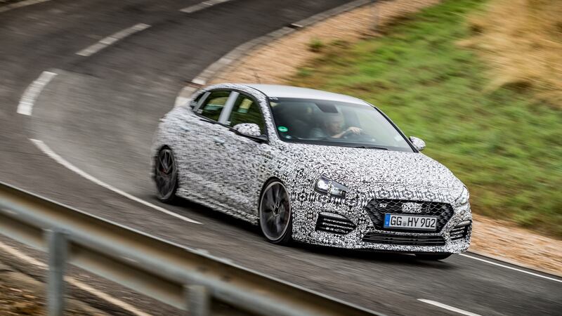 A prototype of the Hyundai i30n Fastback on the tracks