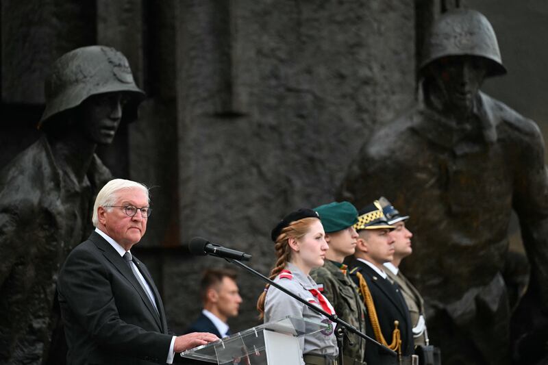 Germany's president Frank-Walter Steinmeier delivers a speech in front of Polish veterans, former dissidents and attendees at the Warsaw Uprising Monument on the 80th anniversary of the Warsaw Uprising against Nazi occupiers. Photograph: Sergei Gapon via Getty Images