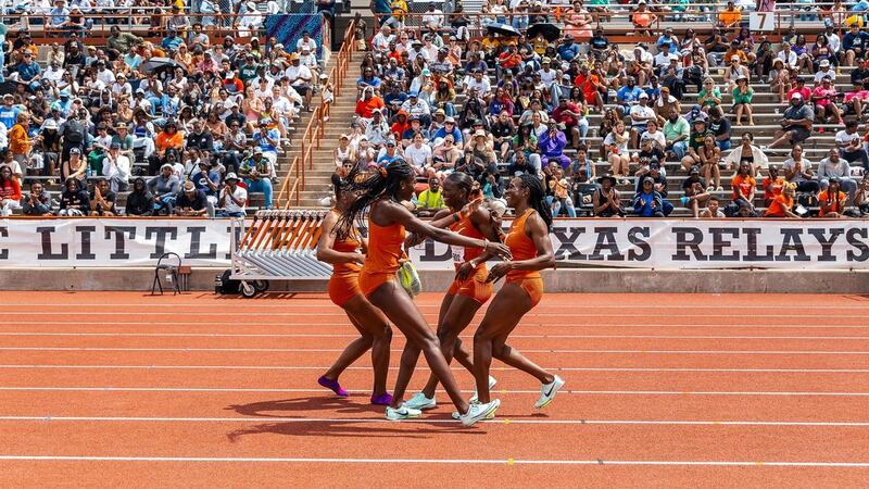 When practice pays off: Rhasidat Adeleke and her team-mates celebrate victory at the famed Texas Relays on April 1st, 2023. Photograph: Texas Athletics