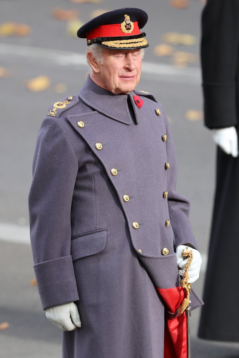 Britain's King Charles III attends the Remembrance Sunday ceremony at the Cenotaph on Whitehall in central London. Photograph: Getty Images