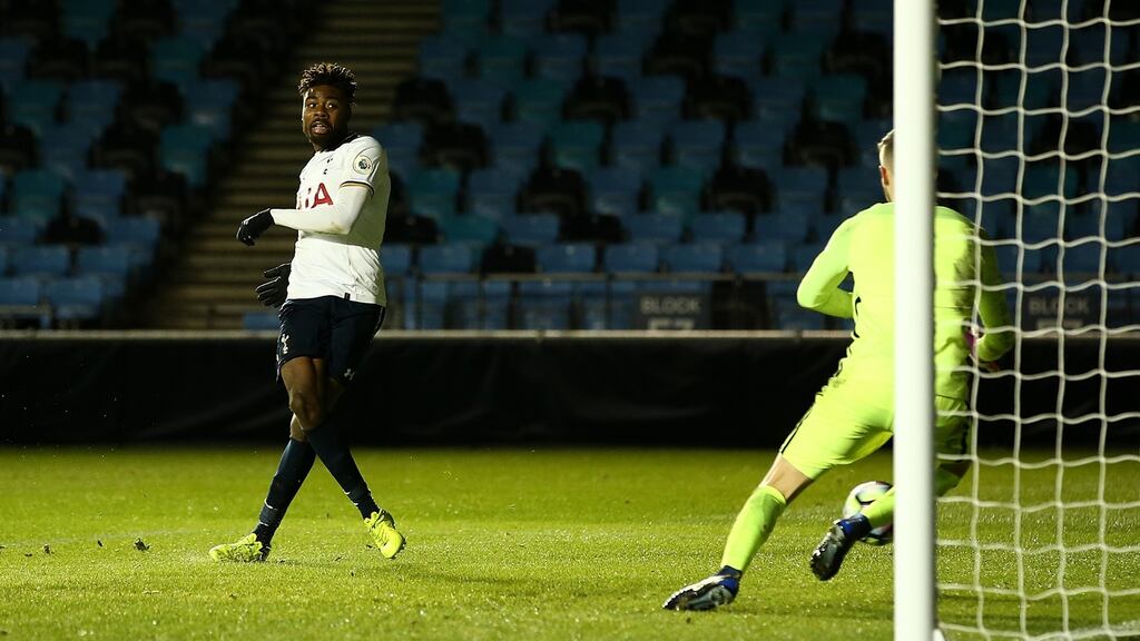 Nathan Oduwa scores for Tottenham during a Premier League 2 match against Manchester City in 2017. Photograph: Jan Kruger/Getty Images
