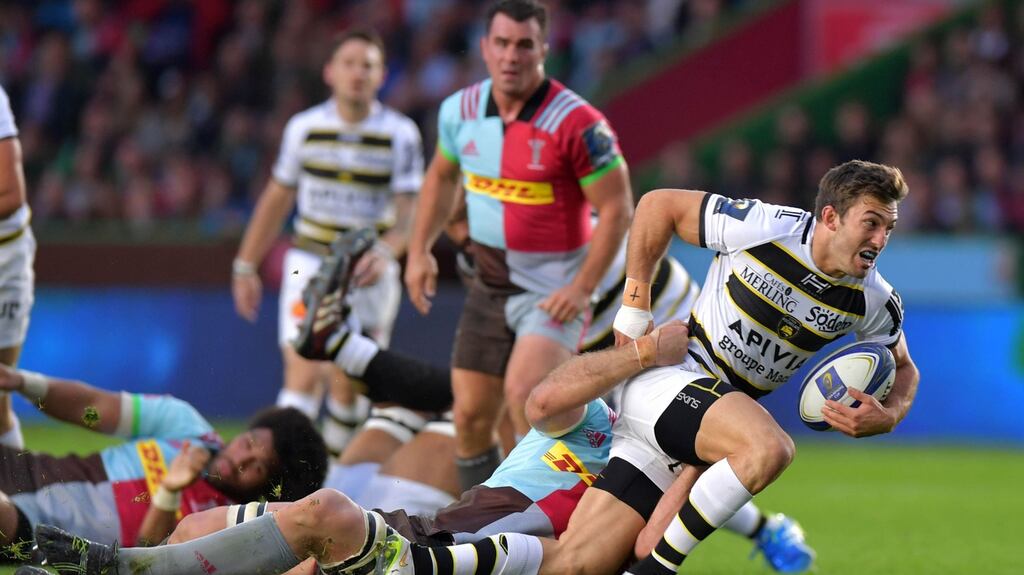 La Rochelle’s South African centre Paul Jordaan breaks a Harlequins’ tackle during the victory over the English club at Twickenham Stoop Stadium in London. Photograph: Olly Greenwood/AFP/Getty