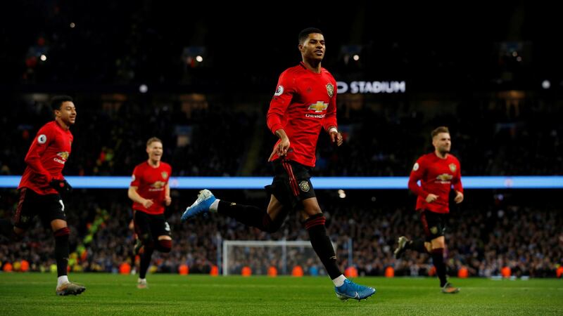Manchester United’s Marcus Rashford celebrates scoring the opening goal at the Etihad Stadium. With the possible exception of Jamie Vardy there is no more dangerous counter-attacking forward in the Premier League. Photograph: Phil Noble/Reuters