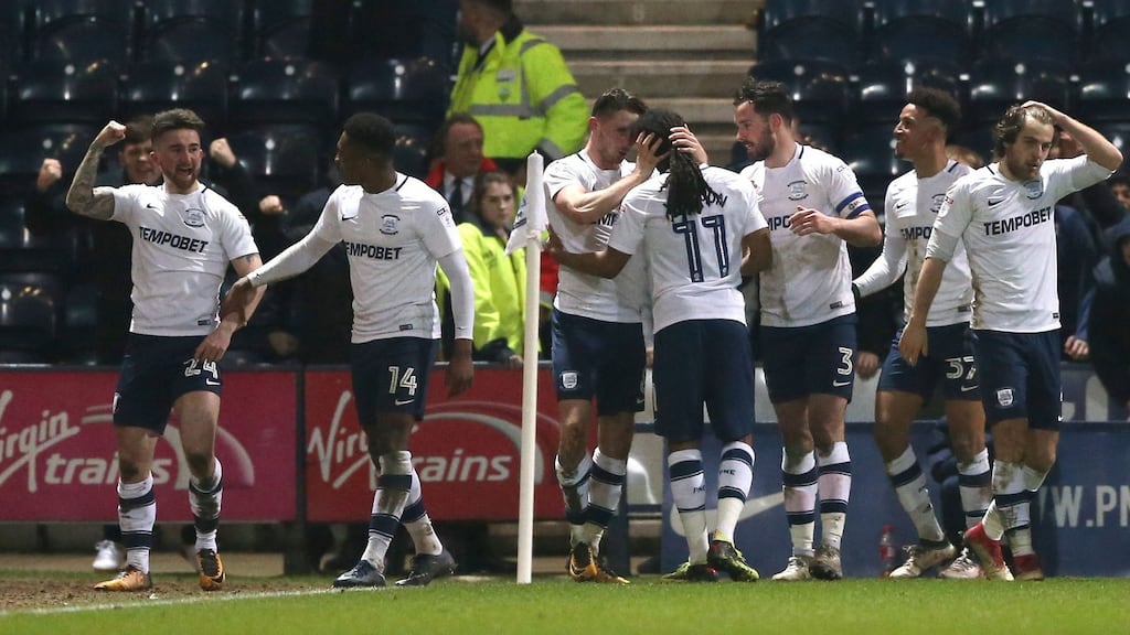 Preston North End’s Sean Maguire (left) celebrates scoring his side’s second goal of the game during the Sky Bet Championship clash with Bristol City at Deepdale, Preston. Photo: Nigel French/PA Wire