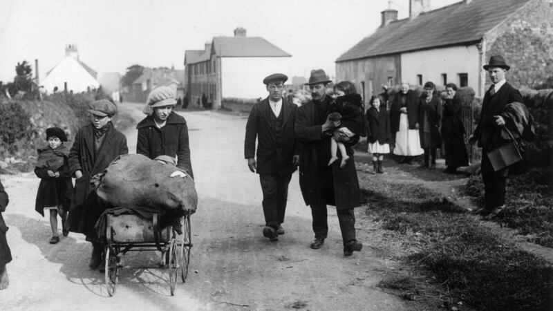 September 1920: Refugees leaving Balbriggan, County Dublin, the scene of violent reprisals by Black and Tans following the murder of Head Constable Burke of the Royal Irish Constabulary. Photograph: Topical Press Agency/Getty Images