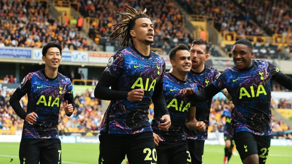 Dele Alli celebrates after giving Spurs the lead from the penalty spot against Wolves. Photograph: David Rogers/Getty