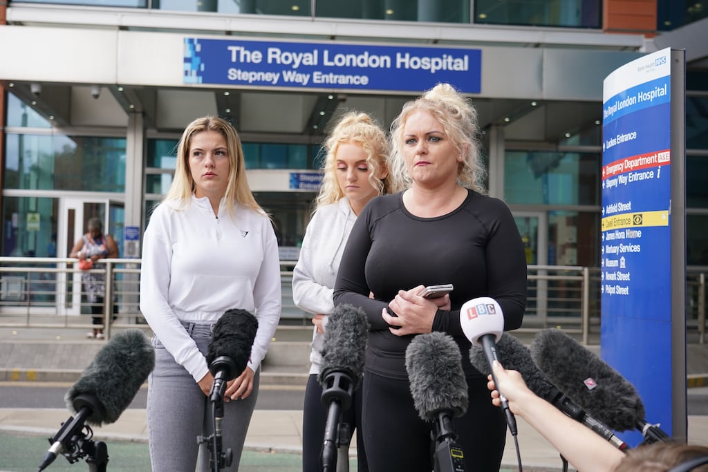 The mother of Archie Battersbee, Hollie Dance (right), speaks to the media outside the Royal London hospital in Whitechapel, east London. Photograph: Dominic Lipinski/PA