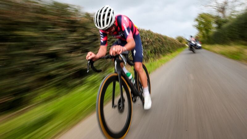Ben Healy on his way to winning the Irish National Road Race Championships in Newcastle West, Co Limerick on Saturday. Photograph: Bryan Keane/Inpho
